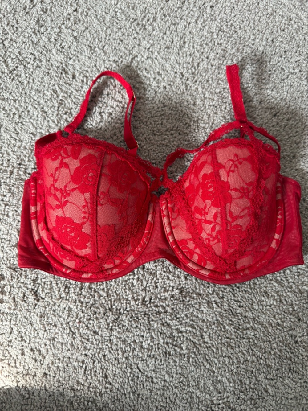 Adore Me Red Lace Underwire Bra with Floral Mesh